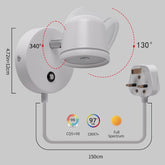 White outdoor light fixture with plug, dimensions, and color quality indicators on a gray background